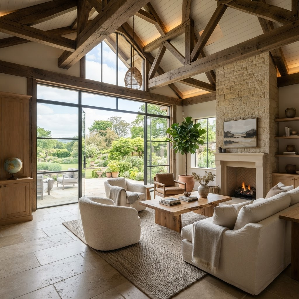 Finished bespoke living room with natural light and timber detail