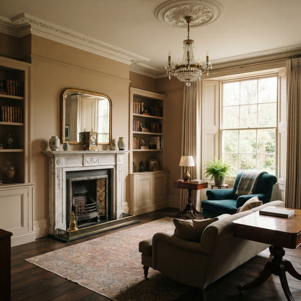 Photograph of a finished period property restoration, warm natural light, high-end residential interior